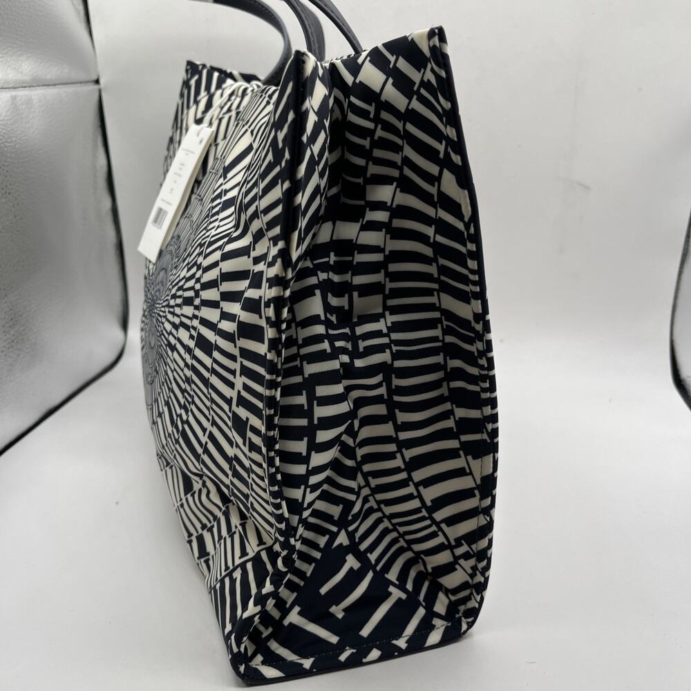 Tory Burch Ella Printed Tote Bag Navy Blue Beige Circles Gingham Nylon Leather - Picture 3 of 12